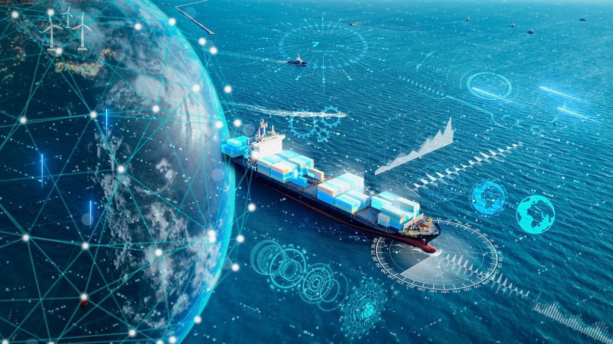 Cargo ship digitally connected in the ocean, symbolizing Del Bravo's global logistics