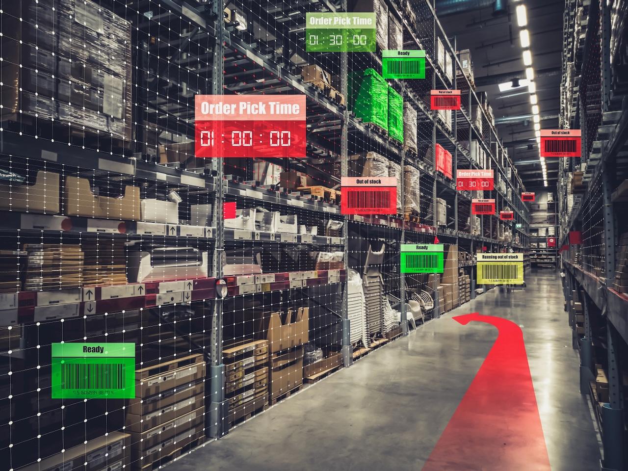 Shelves with organized products and digitally optimized pick times, highlighting the efficiency and precision in Del Bravo's logistics management