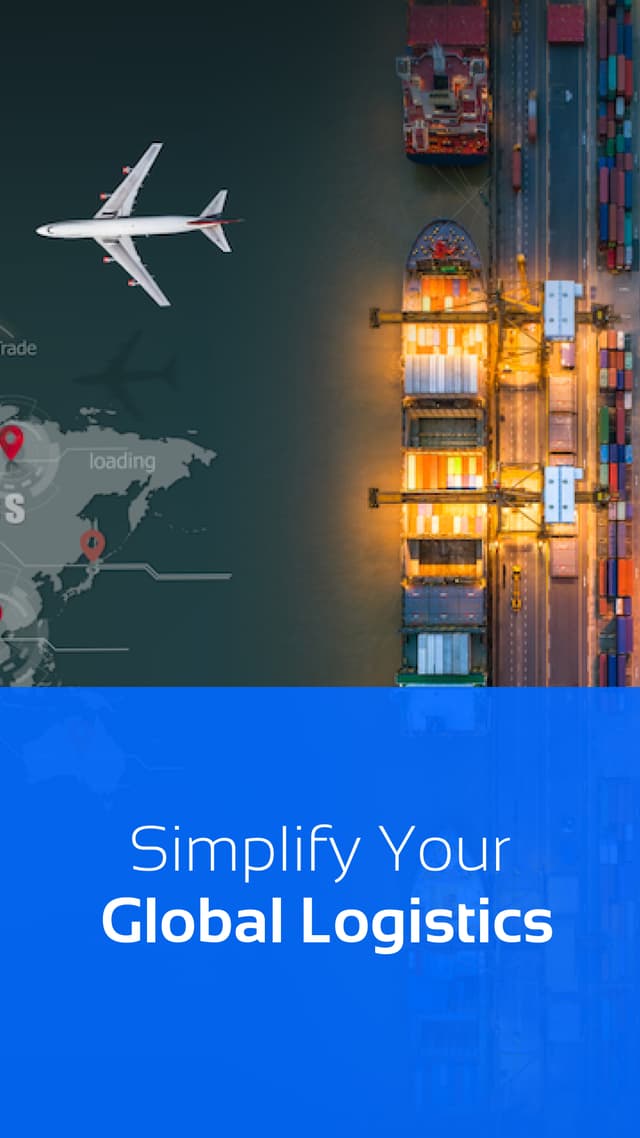 Aerial view of an illuminated port with a plane flying over a map, accompanied by the text Simplify Your Global Logistics, highlighting how Del Bravo facilitates global logistics through comprehensive solutions