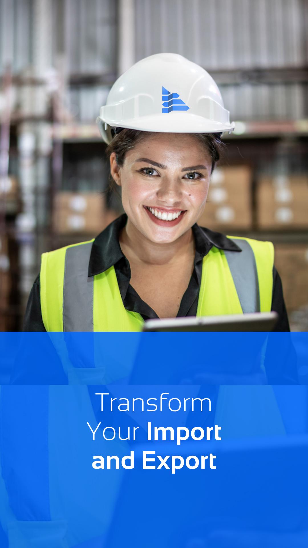 Smiling woman wearing a helmet and safety vest in a warehouse, holding a tablet, highlighting Del Bravo's expertise