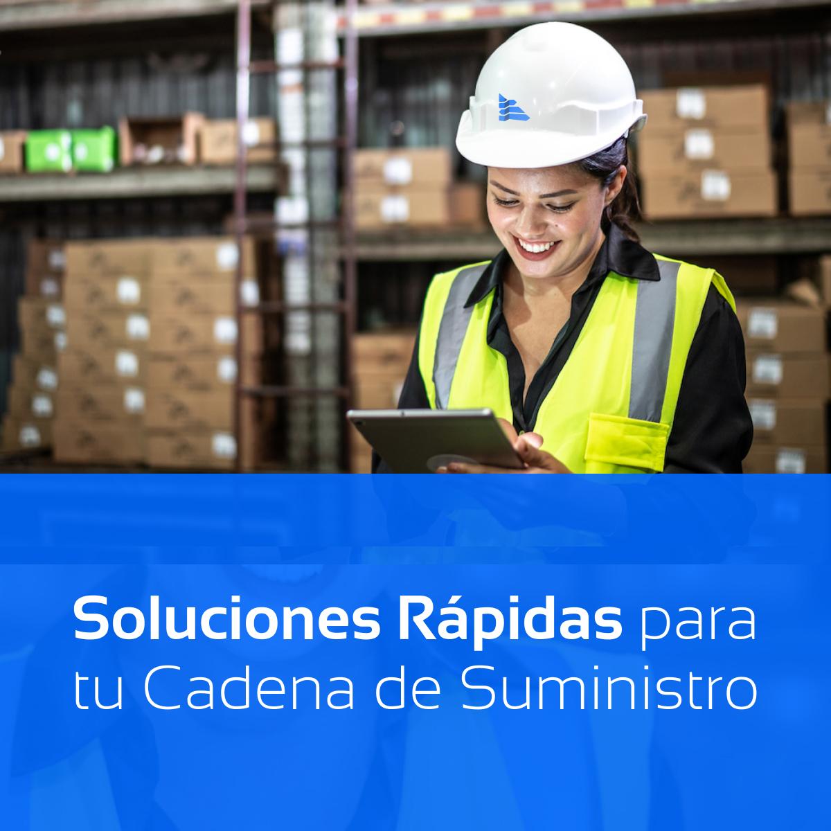 Trabajadora de almacén utilizando una tableta, simbolizando las soluciones rápidas y eficientes en la cadena de suministro proporcionadas por Del Bravo