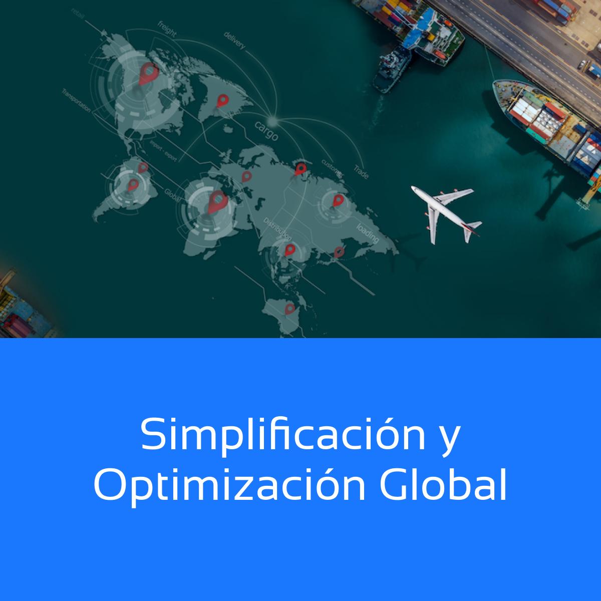 Mapa global con rutas comerciales conectadas y un avión despegando, mostrando la capacidad de Del Bravo en la optimización y simplificación del comercio internacional