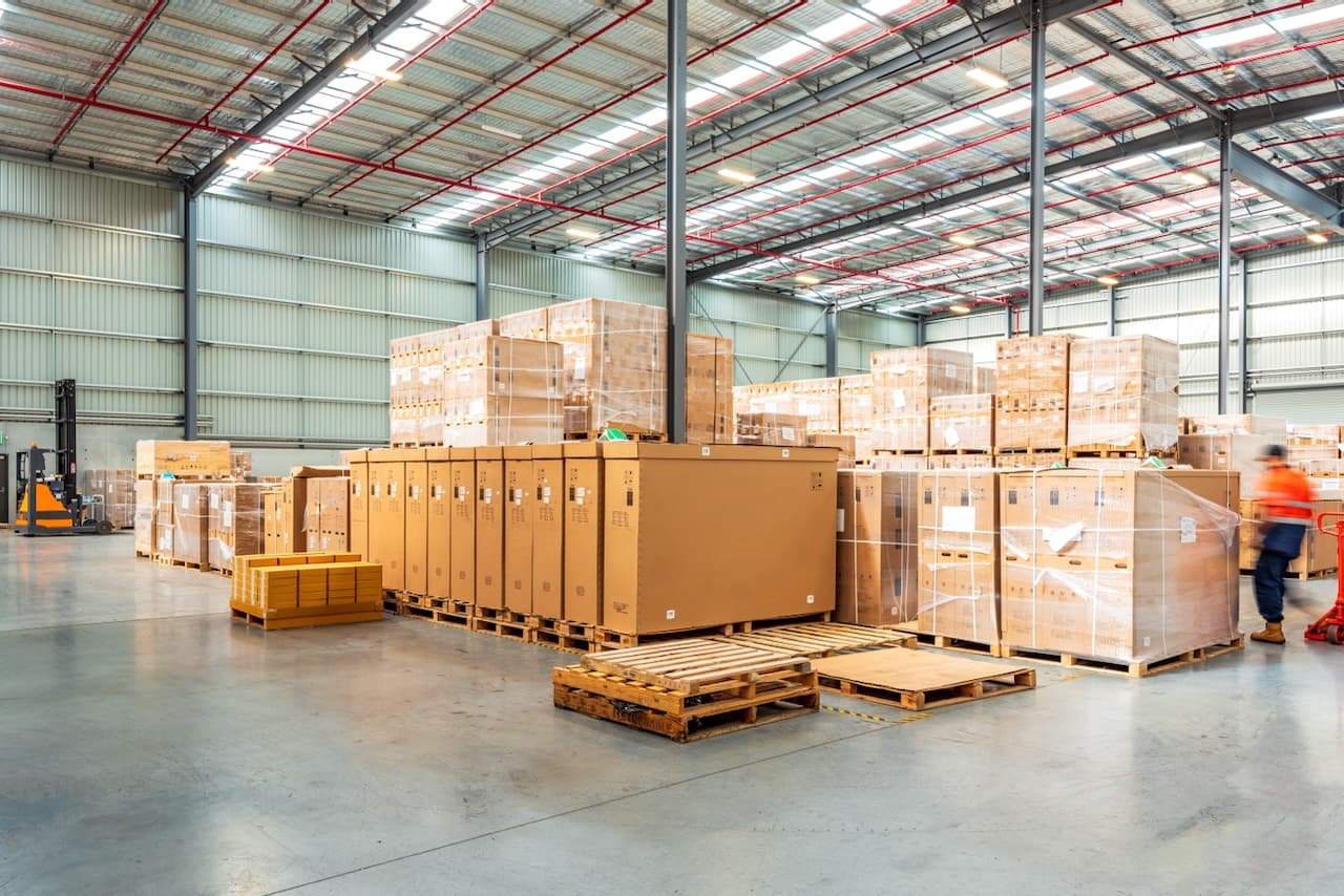 Industrial warehouse with boxes and products organized on pallets, illustrating the efficiency and storage capacity in Del Bravo's logistics operations