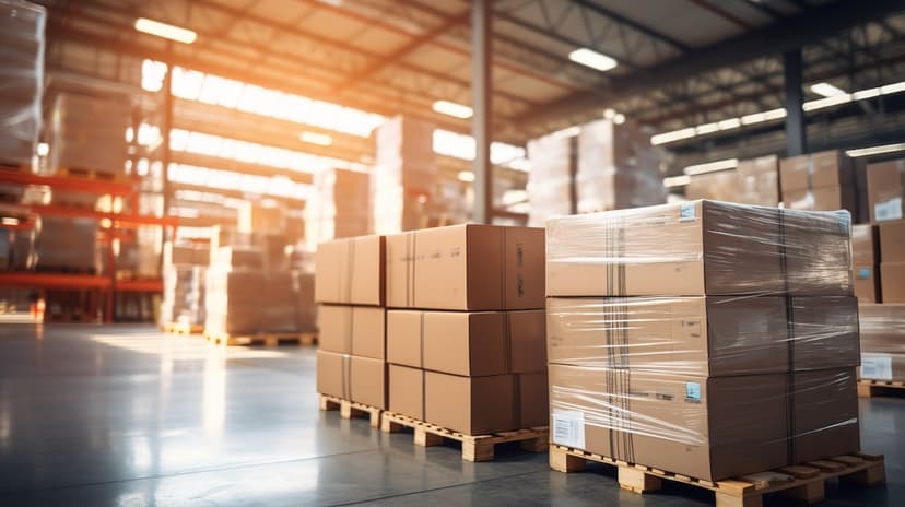 Stacked boxes in a warehouse with shelves in the background, illustrating Del Bravo's efficiency in product storage and organization