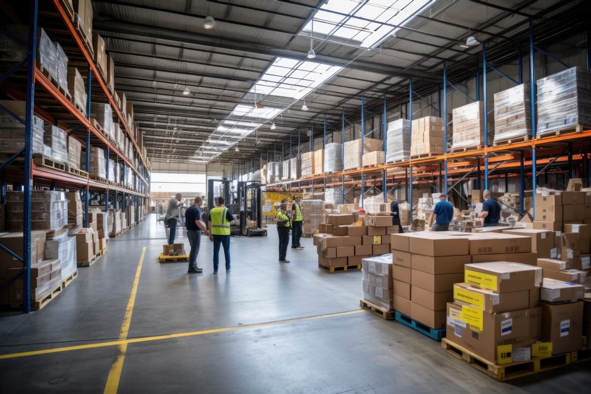 Spacious warehouse with employees organizing products, representing efficiency and teamwork in Del Bravo's logistics