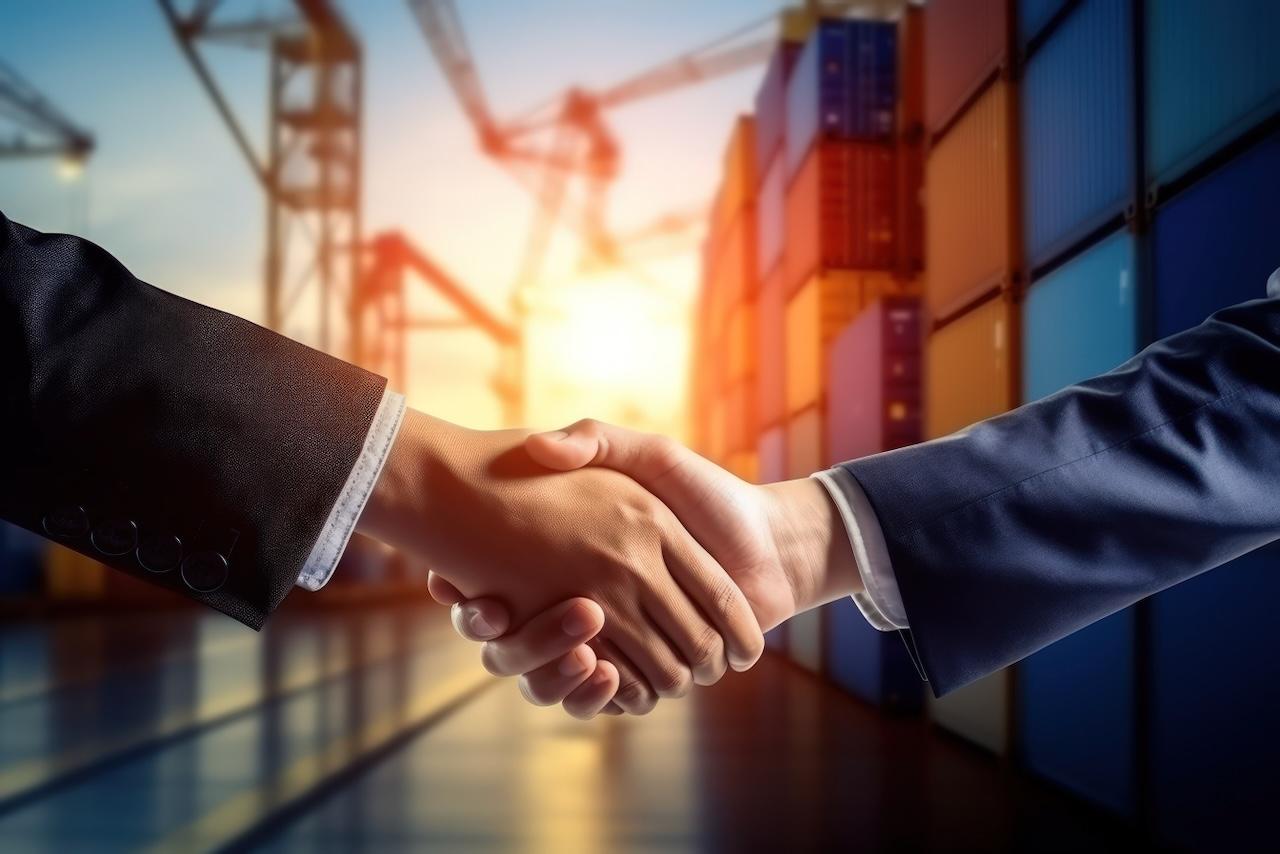 Handshake at a port with containers in the background, highlighting the reliability and strategic partnerships Del Bravo establishes in international trade