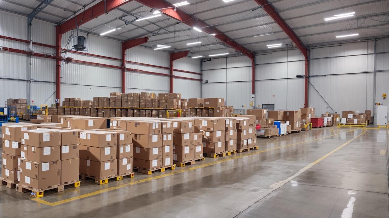 Warehouse with boxes organized on pallets, reflecting Del Bravo's efficient storage and distribution capacity