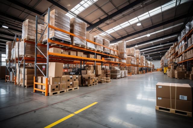 Interior of a warehouse with shelves full of products, representing Del Bravo's organization and storage capacity