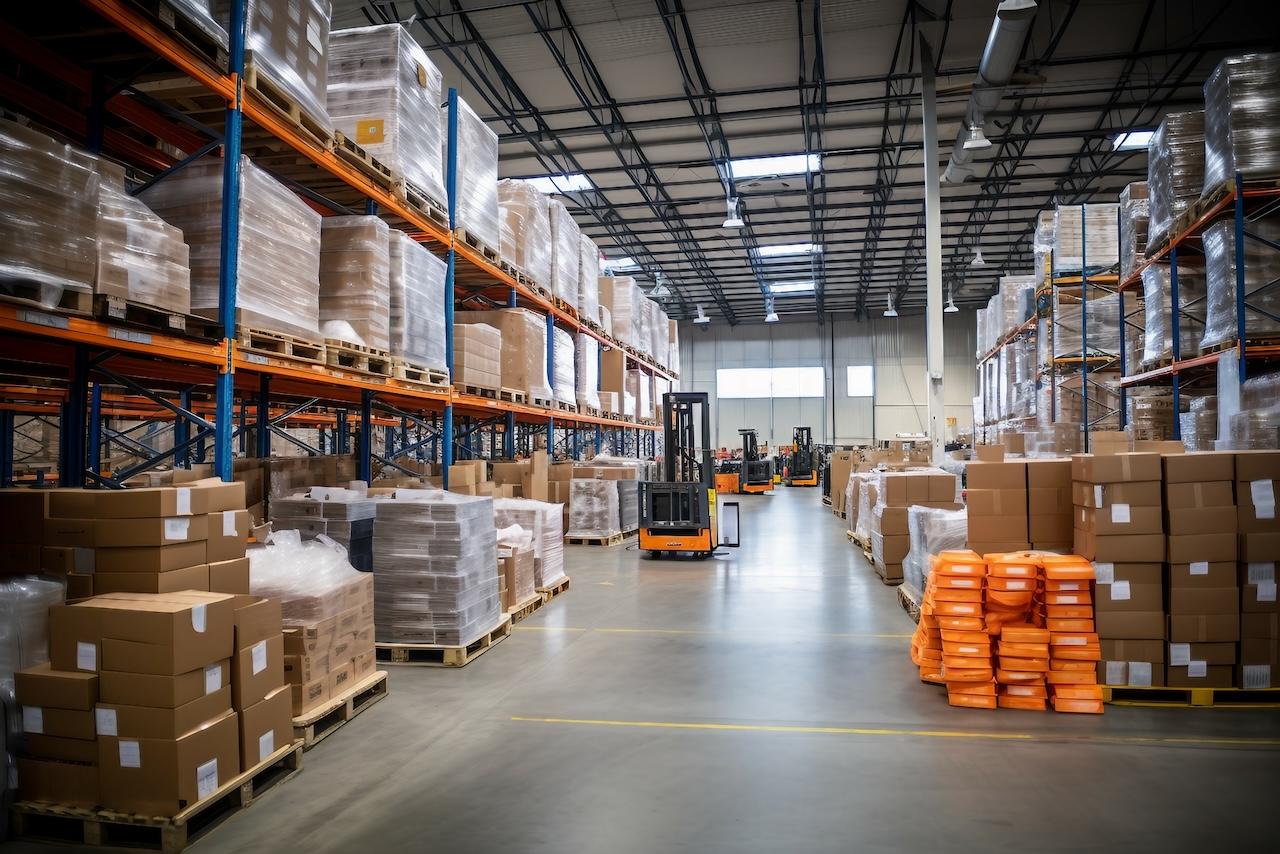 Interior of a warehouse with forklifts and shelves filled with products, highlighting the storage capacity and supply chain efficiency managed by Del Bravo