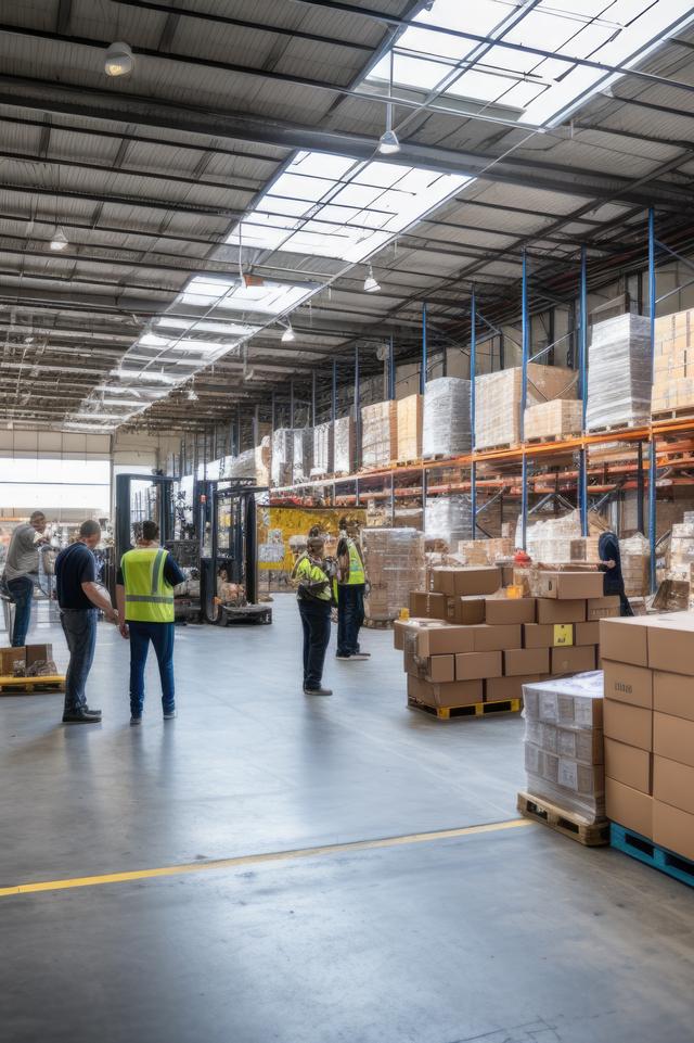 Warehouse personnel coordinating operations between shelves and pallets, highlighting the precision and efficiency in Del Bravo's logistics processes