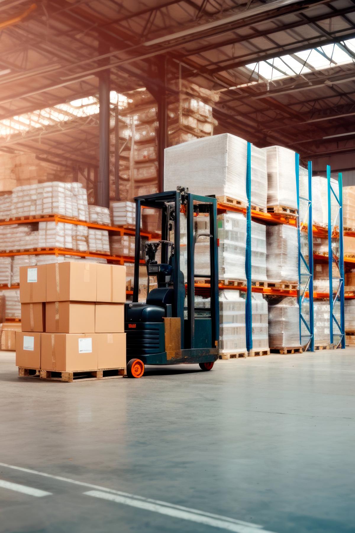 Forklift moving pallets in a well-organized warehouse, reflecting the efficiency and order in Del Bravo's logistics operations