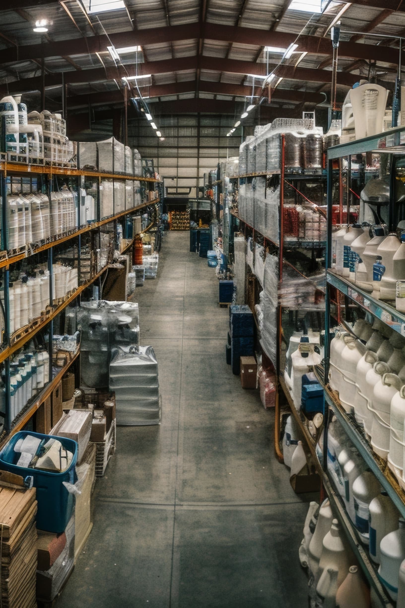 Warehouse aisle with shelves full of industrial products, showcasing the diversity and organization of inventories managed by Del Bravo