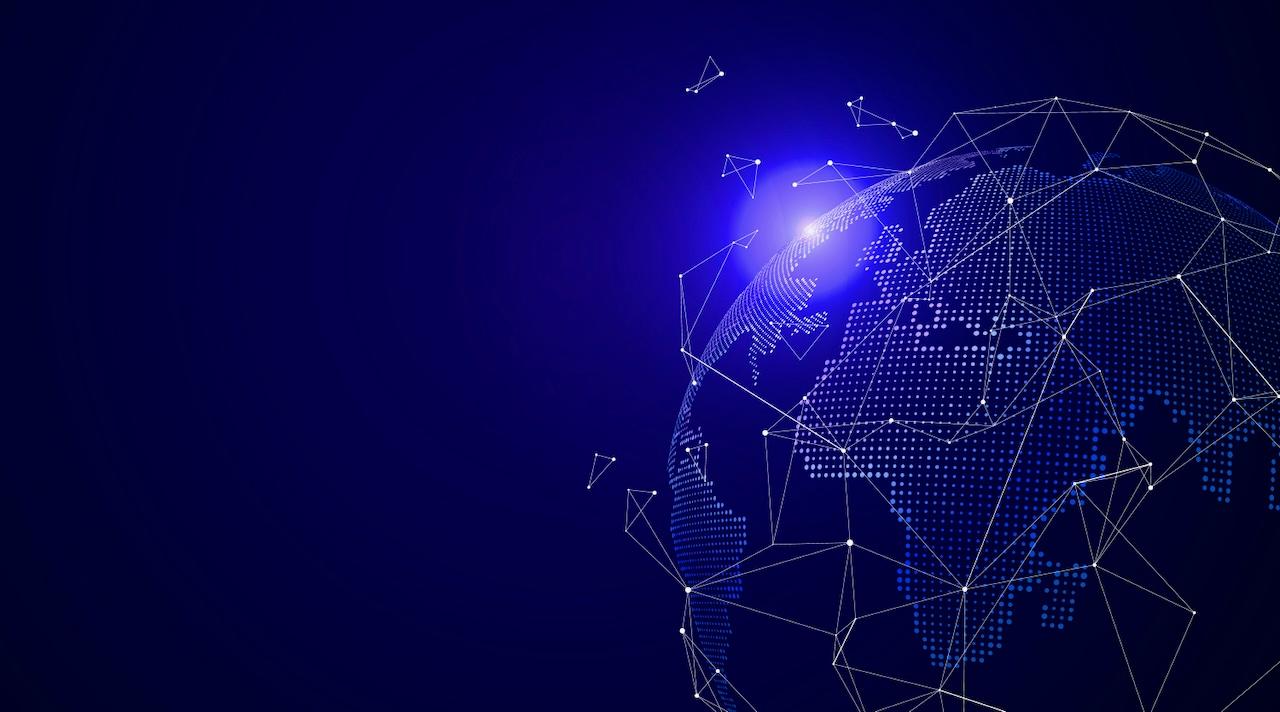 Digital graphic of a globe with connected dots representing Del Bravo's global network for logistics and transportation operations.