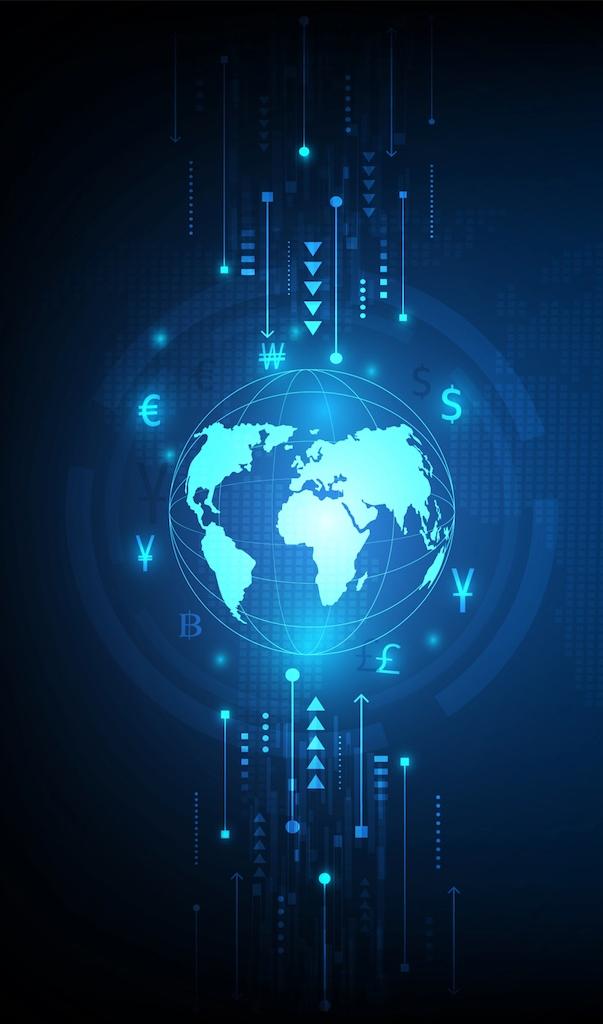 Mapa del mundo con símbolos de diferentes monedas globales, ilustrando la conectividad financiera internacional facilitada por Del Bravo