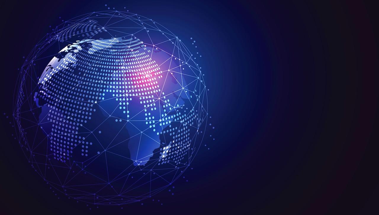 Digital graphic of a highlighted globe with connections and strategic points, representing the implementation of advanced route optimization algorithms in Del Bravo's transportation systems