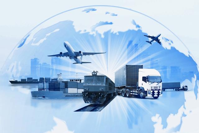 Illustration of multimodal transportation with a train, plane, and truck in a global context