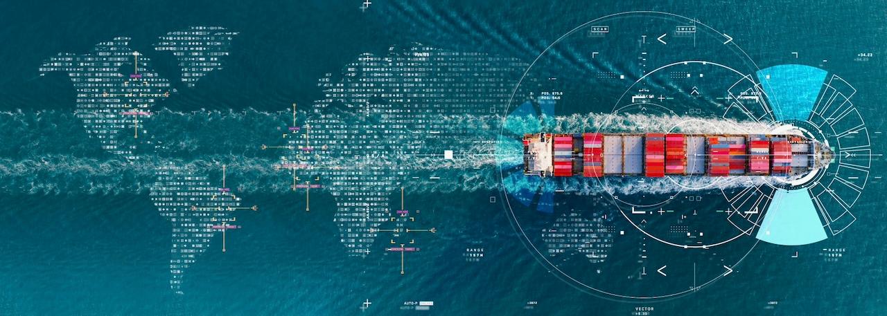 Cargo ship in the ocean with graphic elements symbolizing global logistical interconnectivity