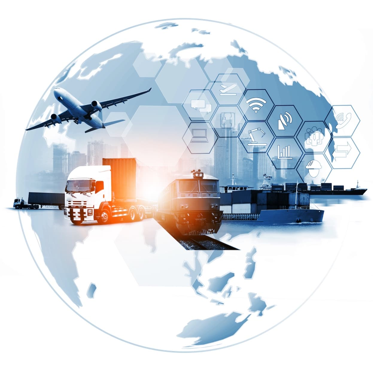 Multimodal transport with a plane, truck, train, and ship over a global map background, representing Del Bravo's integrated logistics