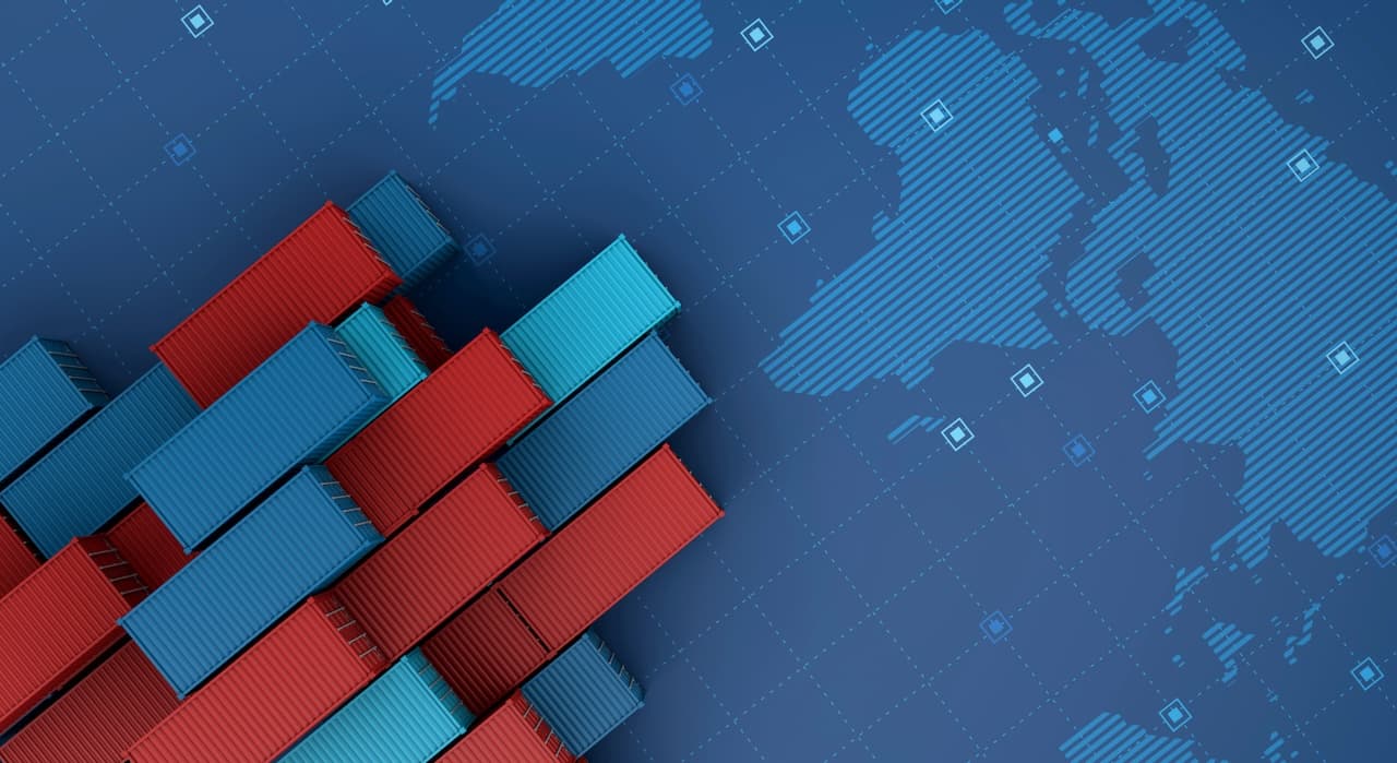 Cargo containers aligned on a digital map, symbolizing the efficiency in global logistics provided by Del Bravo